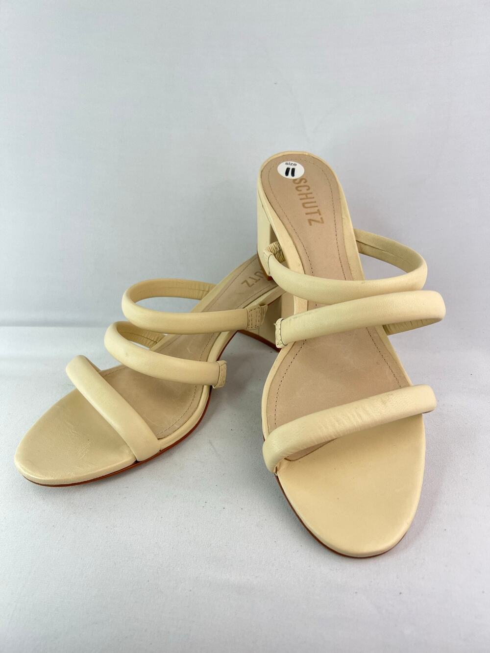 Schutz Olly Cream Leather Triple Strap Block Heel Mule Sandals Size 11B BR 40